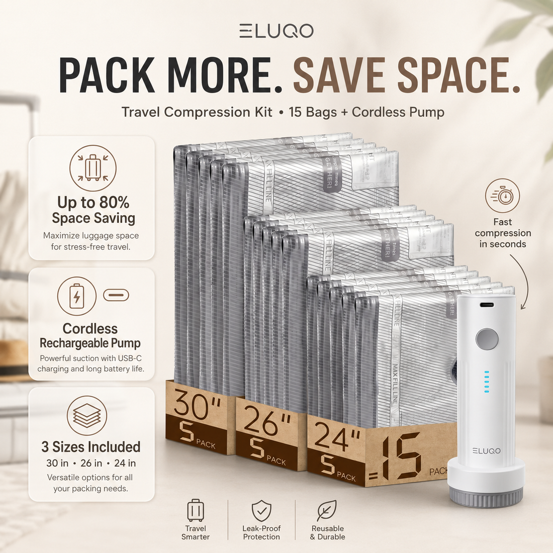 Eluqo Compression Kit — 15 Bags + Cordless Pump