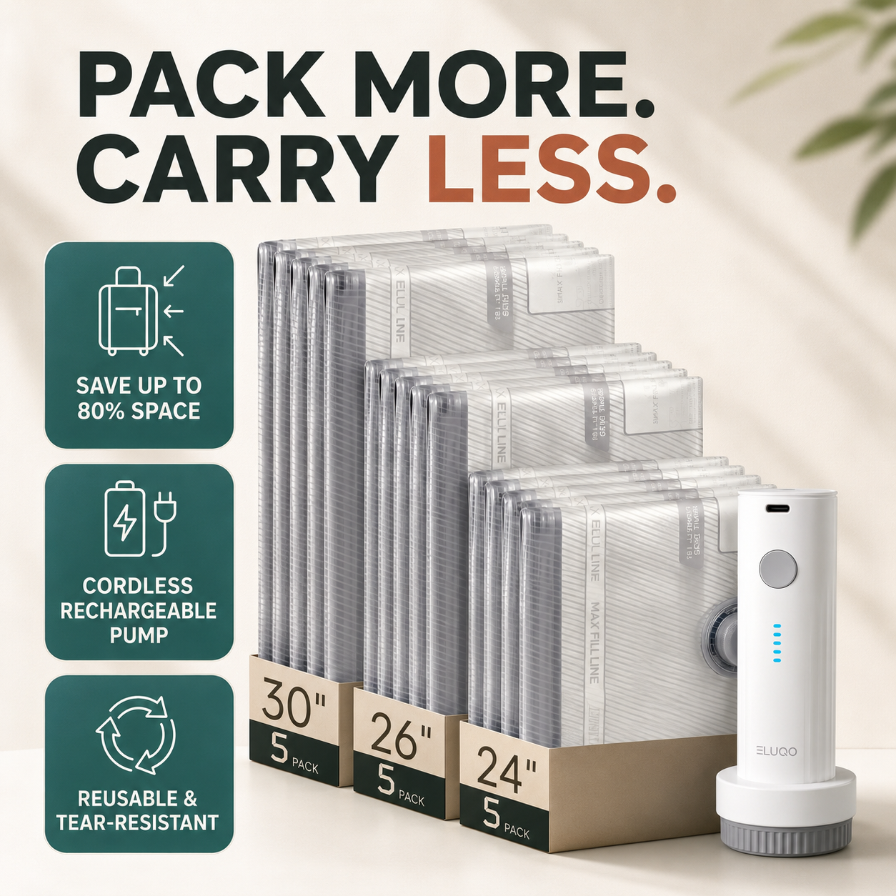 Eluqo Travel Compression Kit — 15 Bags + Cordless Pump