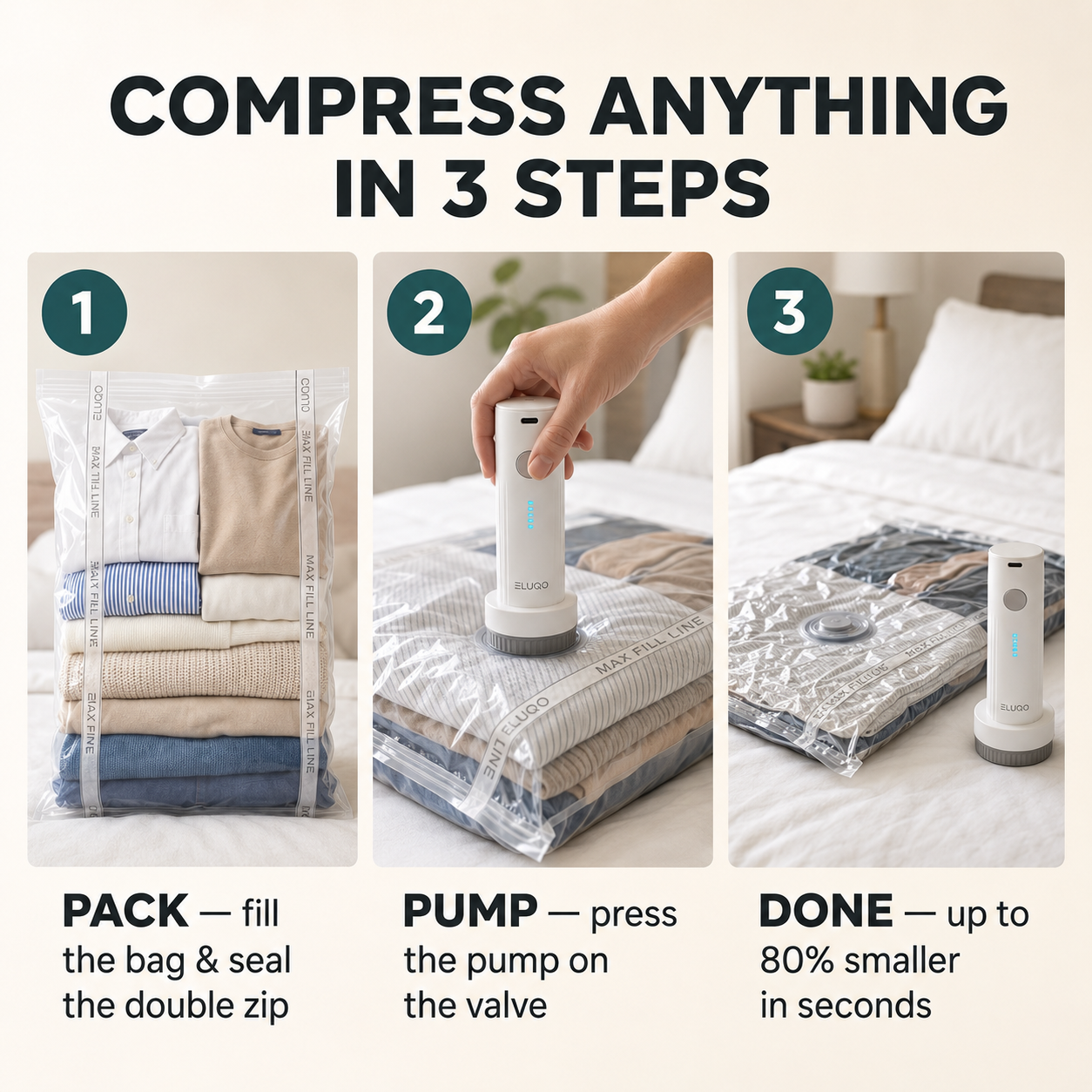 Eluqo Travel Compression Kit — 15 Bags + Cordless Pump