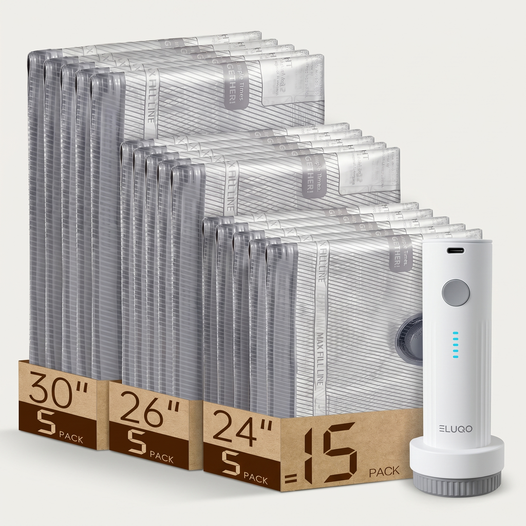 Eluqo travel compression kit — 15 vacuum storage bags in 3 sizes with cordless electric pump