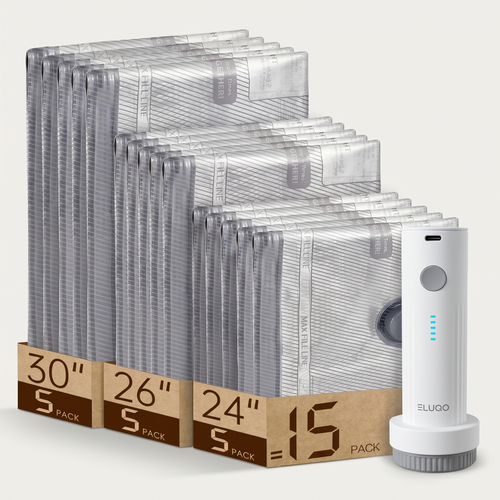Eluqo travel compression kit — 15 vacuum storage bags in 3 sizes with cordless electric pump