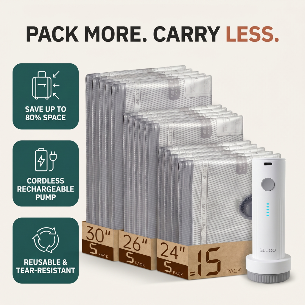 Eluqo vacuum kit — 80% space saving, cordless pump, reusable bags