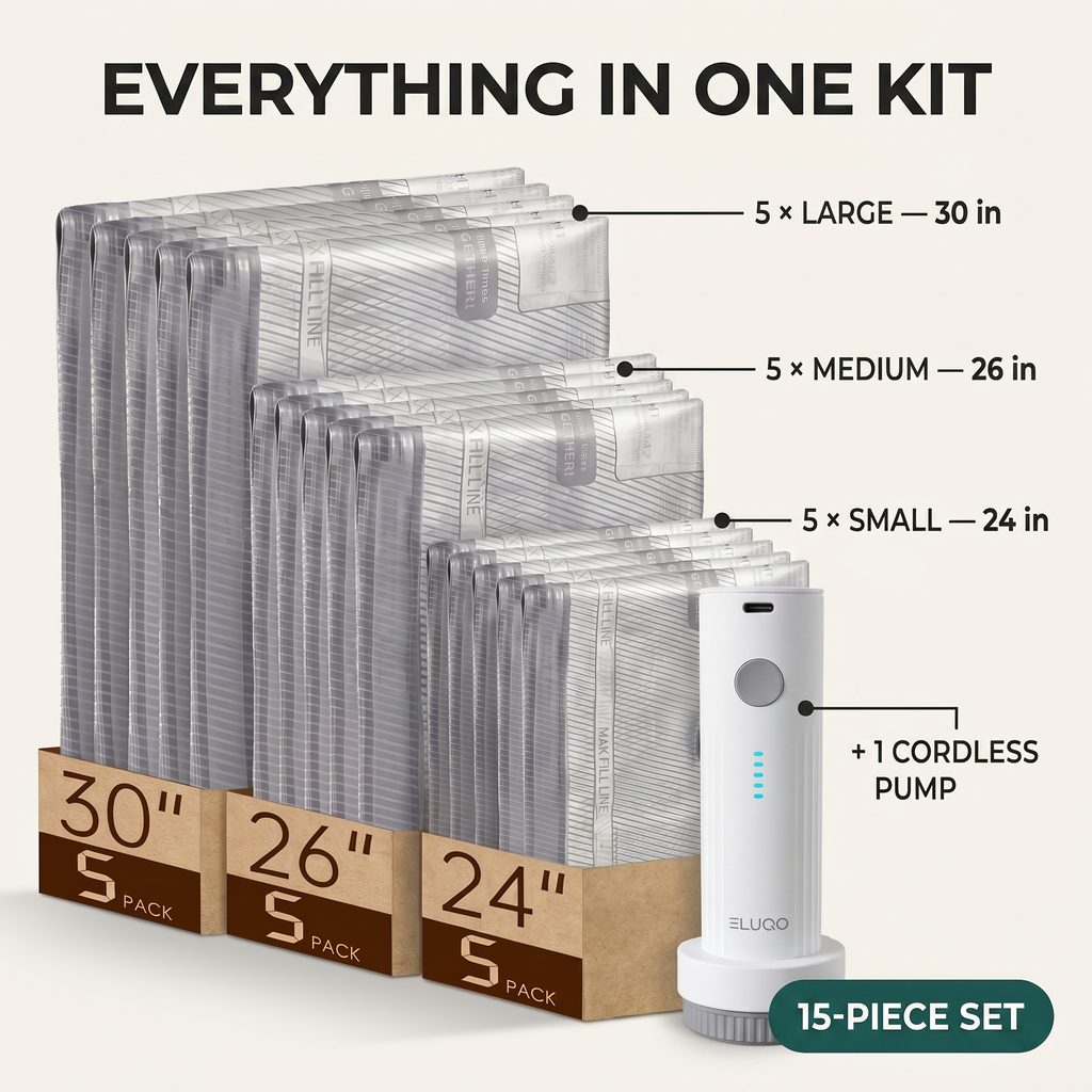 Eluqo Travel Compression Kit — 15 Bags + Cordless Pump