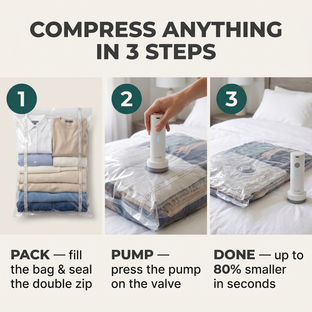 How to use Eluqo vacuum bags in three steps: pack, pump, done