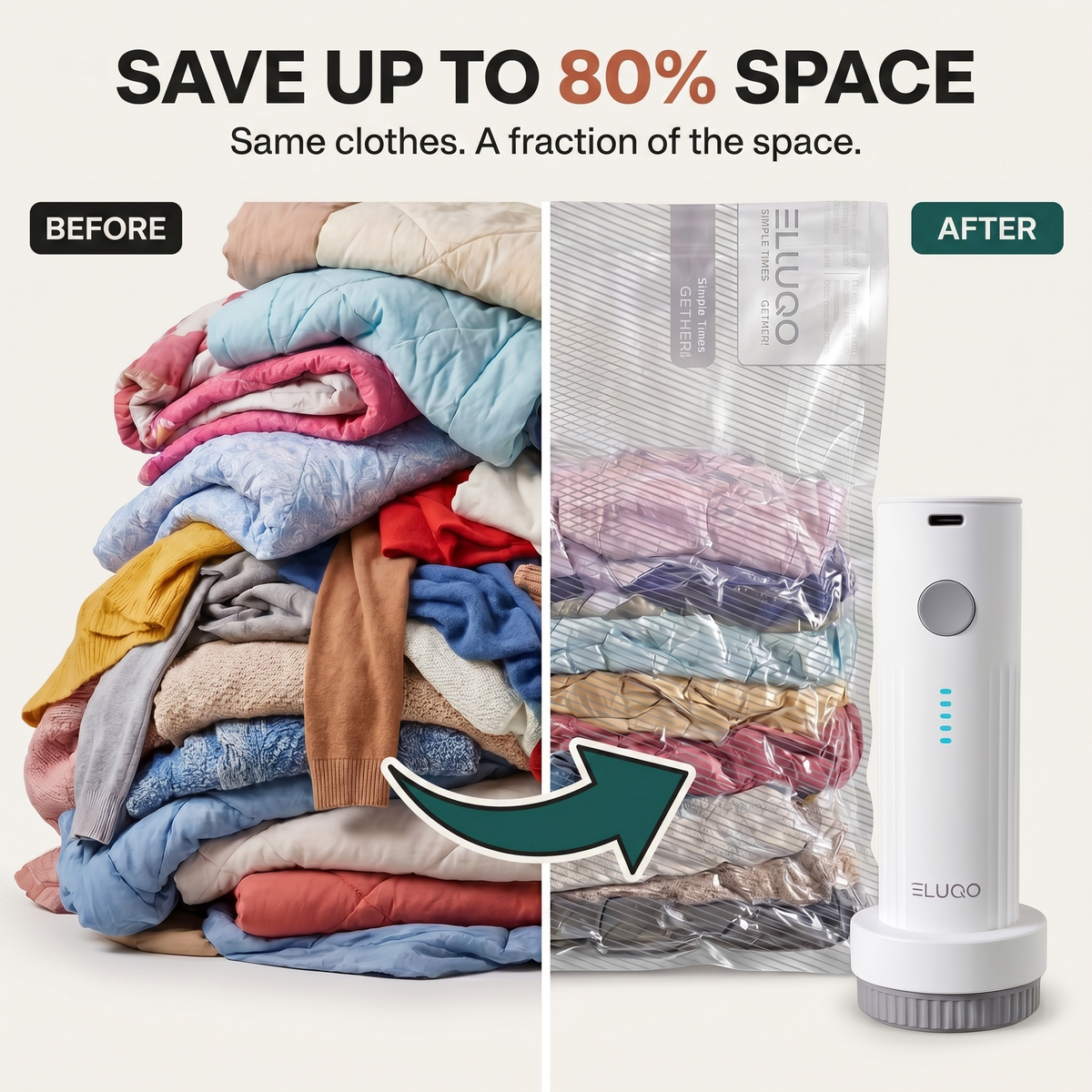 Before and after — clothes compressed up to 80% smaller with Eluqo vacuum bags