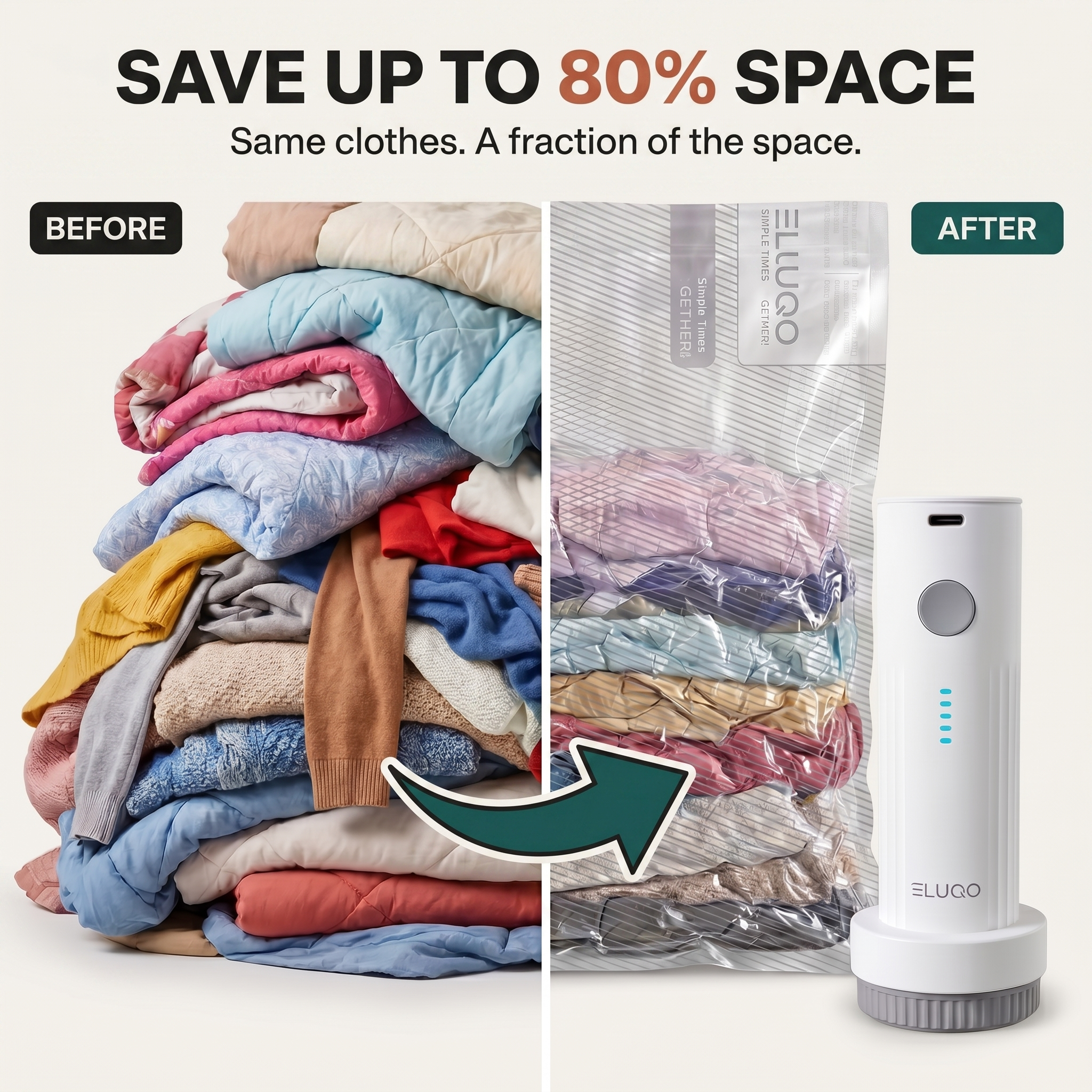 Before and after — clothes compressed up to 80% smaller with Eluqo vacuum bags