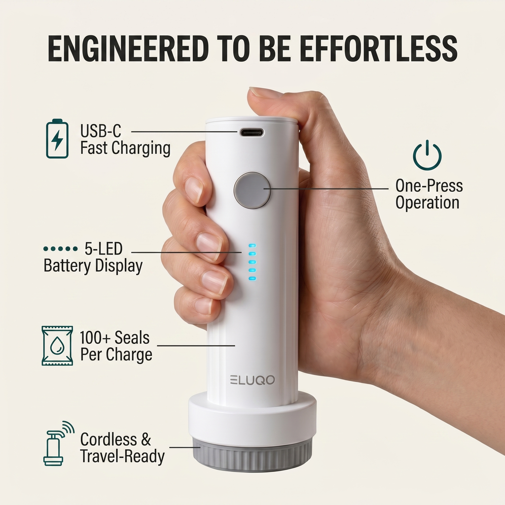 Eluqo cordless vacuum pump — USB-C charging, one-press, 5-LED battery